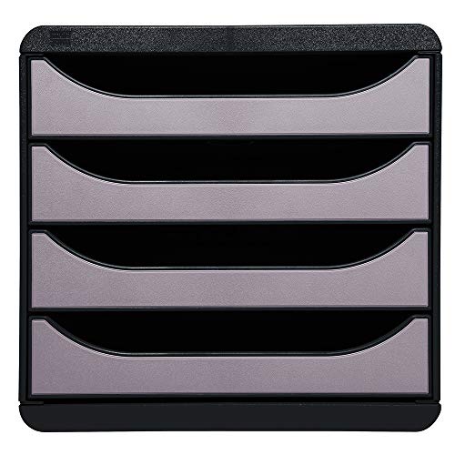 Exacompta - Ref 310438D - BIG-BOX Desktop Drawer Set - 4 x 55mm Drawers, Suitable for A4+ Documents, 347 x 278 x 267mm, 100% Recycled Plastic - Black/Metallic Silver
