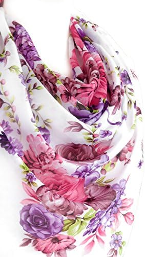 White Large Cotton Lightweight Scarf Bright Flowers Print Square Scarf Wrap for Women 96 x 96 cm.