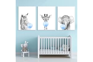 Youihom 3 Affiche Animaux Bulle Bleu Gris Elephant Girafe et Zebre Poster Chambre Enfant Garcon a3 Tableau Bebe Deco Murale Cadeau sans Cadre