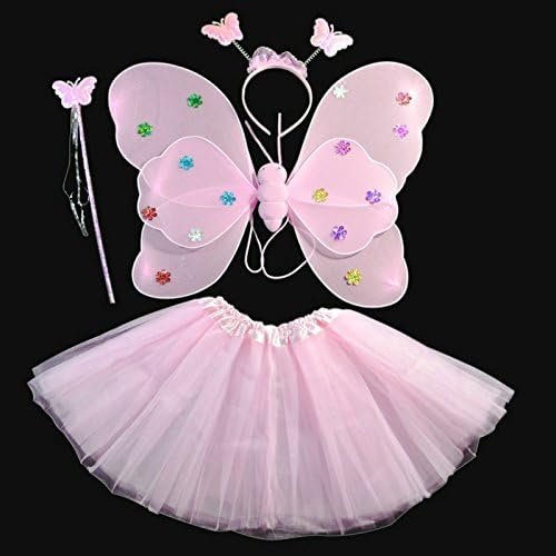 Kasit 4Pcs Set Fairy Princess Butterfly Party Costume Wing Wand Headband Dress Girl Fairy Rod Fairy Princess Costume School Show - Pink