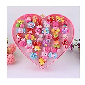 Rubela Beauty Tool Kids Girls Cartoon Pretend Play Toy Fancy 36 Finger Rings for Birthday Gifts Comes in Pink Heart Shape Box for Age 2 -10 yrs