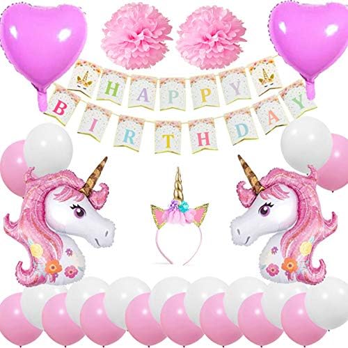 Cebelle Unicorn Birthday Party Decorations Supplies Favors, Unicorn Horn Headband, Happy Birthday Banner, 2 Huge Unicorn, 2 Flowers and 2 Heart Balloons, 20 Balloons, Gift for Girls Kids