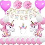 Lindo y mágico cumpleaños Banner: 13pcs "FELIZ CUMPLEAÑOS", y 2 piezas pancartas de cabeza de unicornio, tamaño de banner: 16cm * 20cm / 6.3 * 7.8 pulgadas, cintas de color rosa incluidas, hechas de tarjetas de alta calidad, con hermosa impresión, durable para ser reutilizado