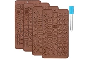 AYWFEY Set di 4 stampi in silicone per lettere e numeri, con contagocce in plastica per sapone, decorazione fai da te, per decorare torte e dolci, con alfabeto e simboli di buon compleanno