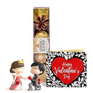 TIED RIBBONS Valentine Gift Hamper for Girlfriend Boyfriend Husband Wife Girls Boys with Ferrero Rocher Chocolate Box (4 Pcs), Miniature Romantic Love Couple Showpiece and Card