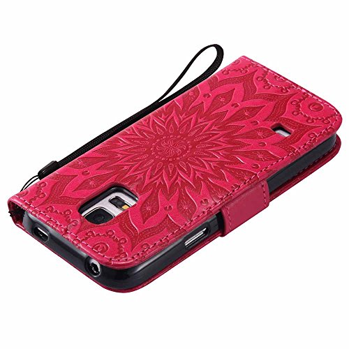 Galaxy S5 Mini Hülle, Dfly Premium Slim PU Leder Mandala Blume prägung Muster Flip Hülle Bookstyle Stand Slot Schutzhülle Tasche Wallet Case für Samsung Galaxy S5 Mini, Rot - 8