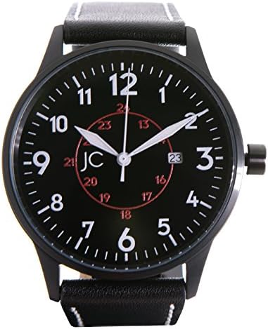 ean Constantine Aviator Pilot Watch with Swiss Ronda, Date Mineral Glass Watch Genuine Leather Watch 5 ATM - Black/Red, 42
