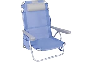 JugaToys - Silla Playa multiposición - Reclinable y Plegable - con reposacabezas, Almohadilla y Bolso Lateral - Estructura de Aluminio Ligera y Tela Transpirable - 80x65x45cm - Asas de Transporte