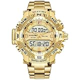 Men ' S Waterproof Watch Double Movement Electronic Watch Steel BEG Quarz Watch with Luminous Calendar Week Display Gold