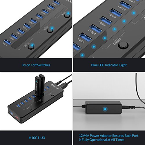 ORICO USB Hub (10 Ports, USB 3.0, 48W) mit Ladeport (2.1A Max), 3 elektronischen Schaltern, 12V 4A Netzteil – schnelles Ladegerät für iPhone iPad Samsung Galaxy – Highspeed Datenhub für Desktop-PC Computer Notebook MacBook iMac - 4
