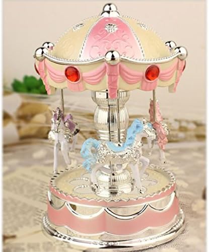 XuanMaxCarousel Music Box 3-horse Merry-Go-Round Toy with To Alice Melody Colorful Changing LED Night Light for Christmas Birthday Valentine's Day - Pink