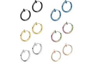 EPOCH WORLD 6 par 13 mm ze stali nierdzewnej fałszywe klipsy kolczyki dla mężczyzn kobiet dziewcząt Huggie na zawiasach, nieprzekłute kolczyki, damskie kolczyki różowe złoto obręcz, męskie kolczyki czarne srebrne małe hipoalergiczne