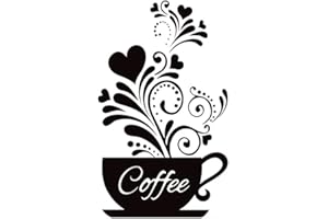 SITAKE “Coffee Cup + Flower” Kitchen Wall Stickers, Black Coffee Decor for Coffee Bar and Coffee Station, Removable Kitchen Wall Art Stickers, 30 x 48 cm