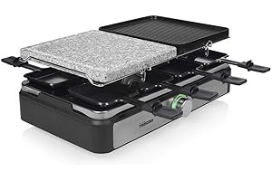 Tristar RA-2725 Raclette multifuncional cinco en uno, plancha de asar, parrilla, raclette y plancha de piedra, termostato regulable, superficie doble de 21 x 23 cm, Para 8 comensales, 1400 W