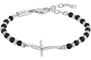 Breil, Code Collection, Herren Rosenkranzarmband aus Edelstahl, mit Natürlichen Onyxsteinen, Klassisches Kreuz, Praktischer Karabinerverschluss, Größe 17 cm, Schwarz und Silber