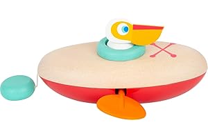 SMALL FOOT Jouet Aquatique Canoë à remonter Pelikan en Bois, Jouet aqautique à remonter, pour Les Enfants à partir de 24 Mois, Bleu, Jaune, Orange