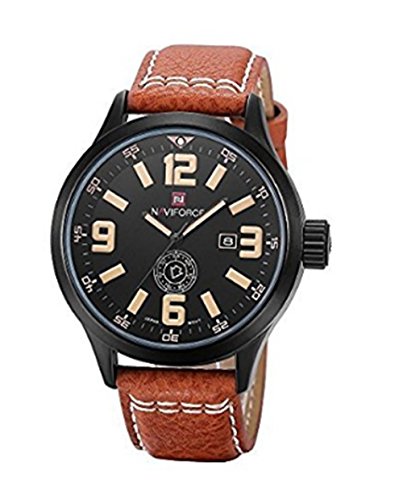 Shining Watch Naviforce Herren-Armbanduhr, Militrstil, Kalender/Datum, Japan, Quarz, Leder, braun/gelb