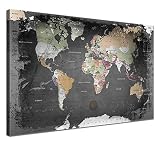 LANA KK - Weltkarte Leinwandbild mit Korkrückwand zum pinnen der Reiseziele - 'Weltkarte Graphit' - deutsch - Kunstdruck-Pinnwand Globus in schwarz, einteilig & fertig gerahmt in 120x80cm