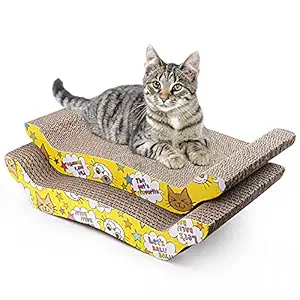 Cat Scratcher Cardboard with Catnip, Pack of 2 Recycle Corrugated Cat Scratching Board, Reversible Replacement Pad Lounge, Cute Wave Design