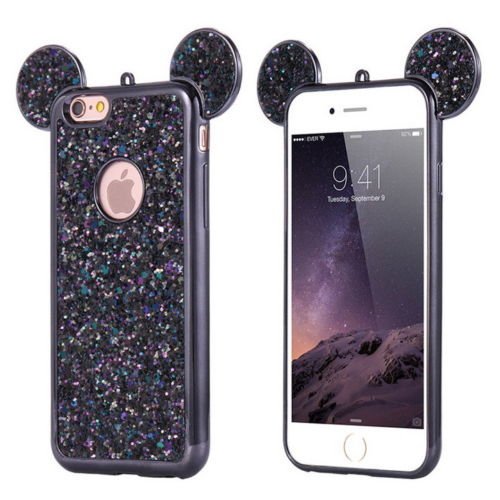 Bling Mouse Ears Glitter Phone Case Cover Mickey Minnie for iPhone 5 6 7 8 X and Samsung Galaxy S7 S8 S9 (iPhone 6, Black)