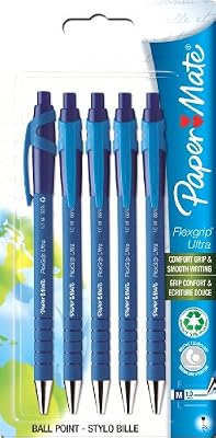 Papermate Paper Mate Flexgrip Ultra Stylo-Bille à Pointe Rétractable, Pointe Moyenne 1,0 mm, Bleu, Lot de 5
