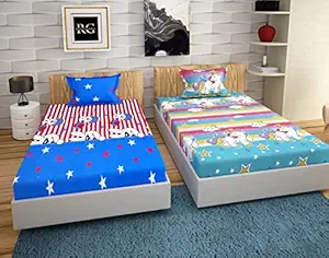 Rixon Global Glace Cotton Single Elastic Fitted Printed Bedsheets | Combo of 2 Single Bedsheet with 2 Pillow Cover (2 + 2) | Size (60 ? 90 Inches) (Unicorn-Rabbit)