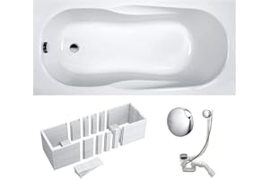 VBChome Bathtub 170 x 70 x 41 cm Acrylic Set Rectangular Tub, Polystyrene Carrier, Siphon, Chrome Drain Fitting, Modern Design, White, Robust Material, Antibacterial Surface, Easy Assembly, Heat