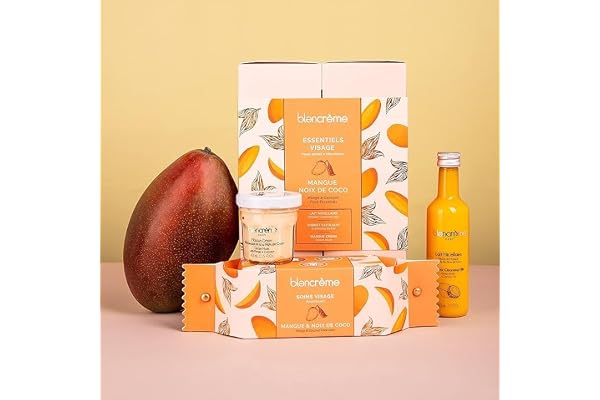 Blancrème - Coffret cadeau 3 soins du visage à la mangue et à la noix de coco : lait micellaire, gommage facial, masque facial jusqu'à 98,6% des ingrédients d'origine naturelle