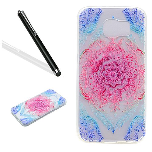 Galaxy S6 Hülle,Handyülle für Samsung Galaxy S6 Silikon Hülle Kratzfeste Scratch-Resistant,Leeook Hülle TPU Case Schutzhülle Silikon Crystal Kirstall Clear Case Durchsichtig Schön Blau Rot Blume Malerei Muster Transparent Weichem Silikon Schutzhülle Handy Gürtel Tasche Schutzhülle Hülle Case Cover Abdeckung Etui TPU Bumper Schale für Samsung Galaxy S6 + 1 x Schwarz Eingabestift-Blue Red Flower