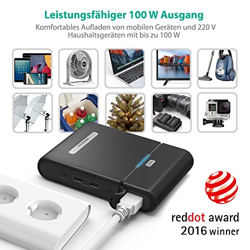 RAVPower 27000mAH Powerstation Tragbare AC Ausgang fÃ¼r 110V / 220V HaushaltsgerÃ¤te mit Type-C 5V / 3A und USB-iSmart 5V / 2,4A Port fÃ¼r Notebook, Smartphones, Tablet und weitere