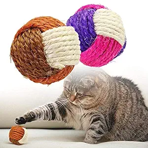 PSK PET MART Cat & Kitten Toy Sisal Hemp Knitted Ball Tricolor Biting Interactive Pet Supplies (Color May Vary, Pack of 1)