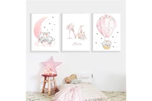 Youihom 3 Poster für Kinderzimmer, Baby, Mädchen, personalisierbar, 30 x 40 cm, Tiere, Poster, Bild, Elefant, Rosa, Mond, Heißluftballon, Wolke, Poster, Kinder, Tiere, Drucke auf Leinwand, ohne Rahmen