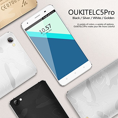OUKITEL C5 Pro - Smartphone 4G 5.0''HD (FDD-LTE, Android6.0, 5.0MP+2.0MP doppia fotocamera, 16GB ROM+ 2GB RAM, MTK6737 quad-core 1.3GHZ), argento