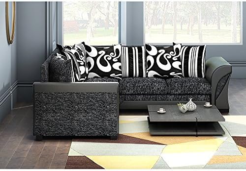 EVAHO New Farrow Corner L-shape Sofa Faux Leather and Fabric Black Grey Foam Seats (Black)