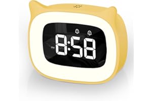 Aoreun Sveglia Bambini da Comodino, Sveglia Digitale con Led Numeri Grandi, Carina Gatti, Luce Notturna Funzione Snooze Timer 18 suonerie 5 modalità comodino per Bambin Porta di Ricarica USB (Giallo)