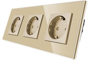 CNBINGO Toma triple 16 Amp con panel de vidrio endurecido Oro, protección infantil, material de fuego de fuego, enchufe Schuko estándar