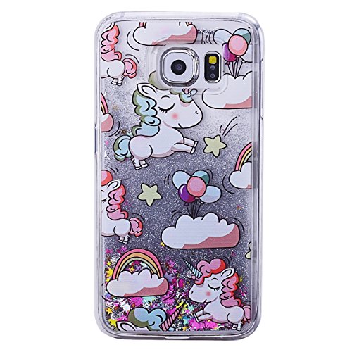 Samsung S6 Funda Bling Arena Movediza Lentejuelas Carcasa   We Love Case L  quido Funda para Samsung Galaxy S6 Glitter Estrellas Lentejuela Arenas Movedizas Carcasa PC Casco de Pl  stico Duro Cascara Sparkle Brillar Claro Cristal Caso Bumper Case Cover Moda Tapa Transparente Cubierta Caja de Protecci  n Resistente a Ara  azos Choque Absorci  n - Dise  o Dibujo Unicornio Unicorn Plata