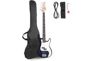 Bonnlo Electric Bass Guitar 4 Strings Full Size for Beginner Exquisite Basswood Burning Bass with Bag, Strap and Accessories,Blue