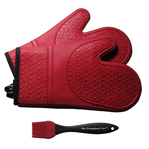 The Triumphant Chef Super Flex Silikon Ofenhandschuh, wattiertes Deluxe-Futter, 1 Paar, Dunkel-Rot, Gratis Saucen-Pinsel