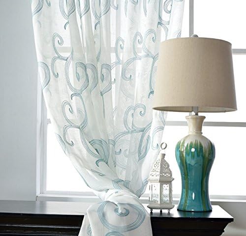 Teal Scroll Embroidery Sheer Curtain Custom Window Door Drapery(Pinch pleat top)