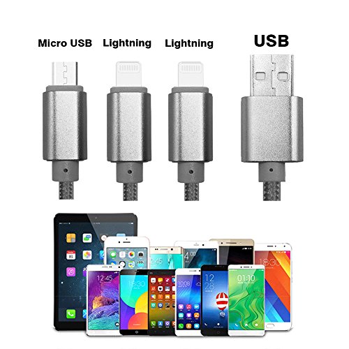 Multi USB Kabel, 3 in 1 Lightning & Micro USB Nylon geflochtenes Ladekabel mit 8 Pin Lightning / Micro USB 2.0 Anschlüsse für iPhone 6 / 6S plus / 5 / SE, iPad Air / mini, Android-Geräte(2 Lightning& 1 Micro-Silber) - 3