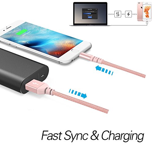 WorCord Lightning Cable [Apple MFi Certified] Nylon Braided 1.8M 6ft Lightning Cable Nylon Braided Lightning to USB Syncing and Fast Charging Cable Durable Cord Compatible for iPhone 7/7Plus/6s/6s Plus/5s/SE/5, iPad Mini Air Pro, iPod - Rose Gold