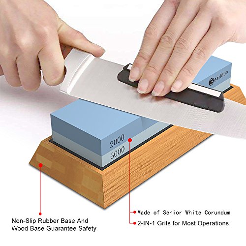 Schleifstein Set , BearMoo Wetzstein mit 2000/6000 Körnung, inkl. Anleitung zum Messer schärfen und Gummi-Steinhalter sowie Bambus Basis und Messer-Halter! - 4