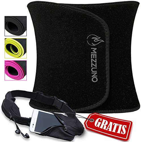Faja Reductora Mujer y Hombre de Neopreno, Fajas Reductoras Adelgazantes, Cinturón Lumbar Abdominal para Sudar y Adelgazar, Incluye Riñonera Deportiva Running | by Mezzuno (Negro/Negro, S/M) 