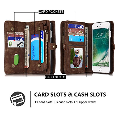A9H iPhone 7 Multifunktions Hochwertigen PU Leder Handy Tasche mit Schutzhülle Handyhülle hülle und Geldbörse 2 in 1,Braun - 5