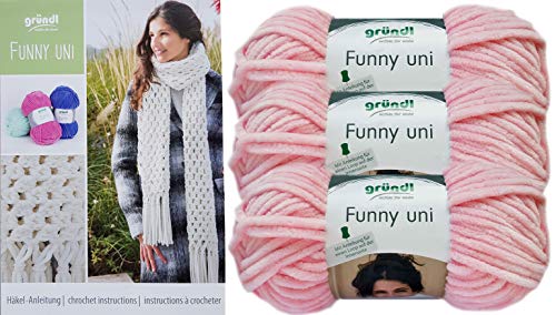 Gründl Funny 3x100g Softgarn SB Pack inkl. Häkelanleitung Schal gehäkelt mit Fransen aus 100% Polyester (3er Set 06 Rosa) + 3 Strasssteine Zum aufnähen