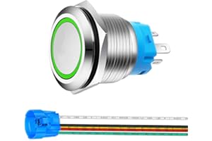 Gebildet 0.87 Zoll/22mm Momentaner Druckknopf Edelstahl Taster 12V-24V 5A LED 1NO1NC SPDT An/Aus Wasserdicht mit Kabelbuchse Stecker (Grün LED)