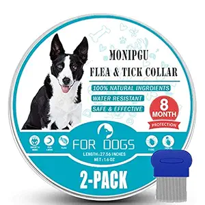 MONIPGU Flea and Tick Collar for Dogs,2 Pack,Natural Flea and Tick Prevention for Dogs,8 Months Protection,One Size Fits All Dogs,Adjustable & Waterproof,Include Flea Comb