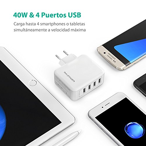 RAVPower Cargador de Pared con 4 Puertos 40W  USB iSmart 2 0  Conector Retr  ctil  Entrada 100-240V  Salida DC 5V   8A M  x  en Total y DC 5V   2 4A m  x  por puerto  - Blanco