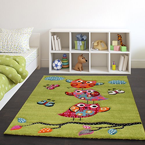 Kids Carpet Cute Owls Modern Children Rug in Green Cream Red Blue Orange, Size:160x230 cm